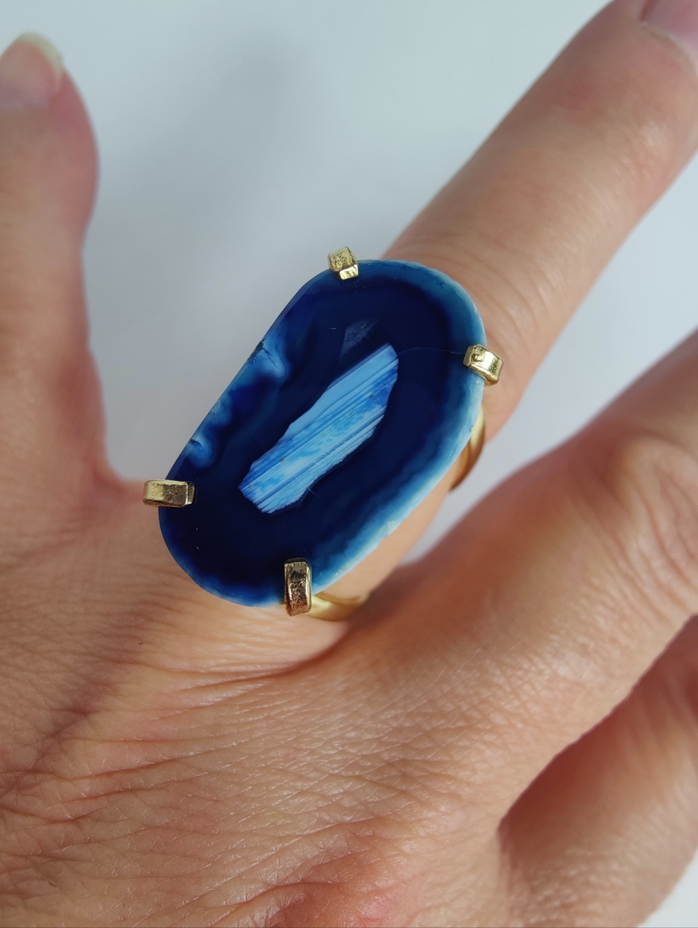 Blue Agate Statement Ring Gold Tone Adjustable Band Size 8-9 Slab Stone Boho